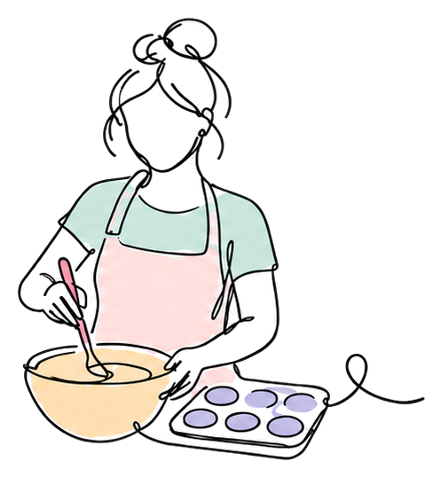 Line drawing of a woman in a pink apron mixing batter beside a muffin tray