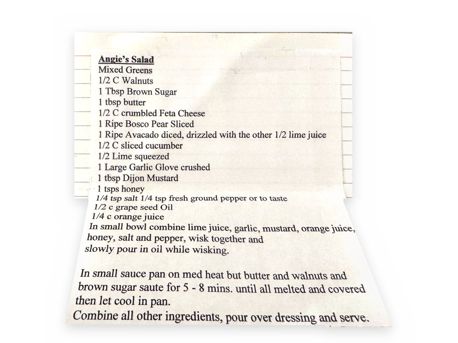 Angie's original card for Angie's Salad