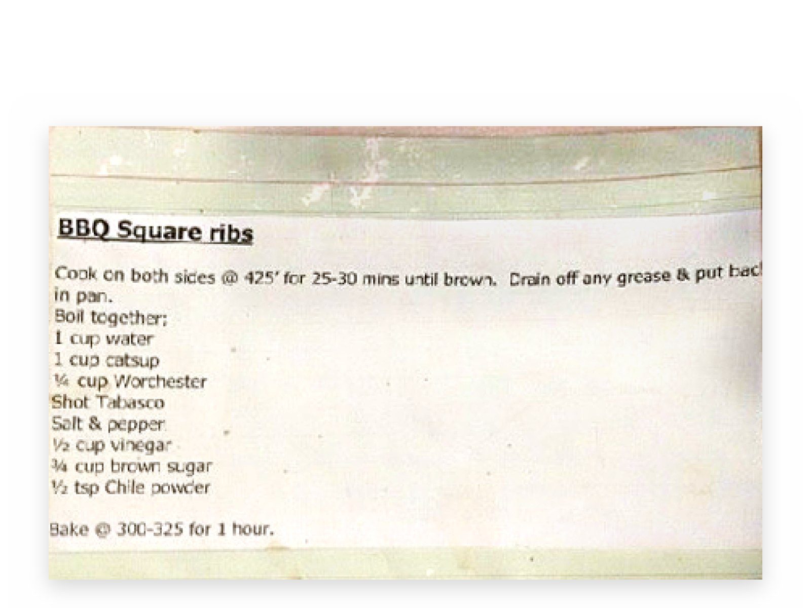 Nana's original card for BBQ Square Ribs