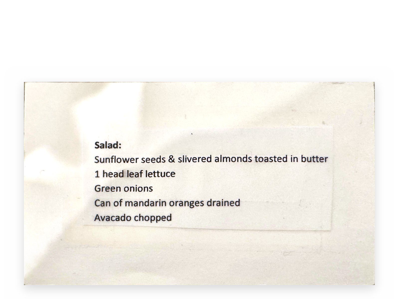 Mom's original card for Committee Salad, back