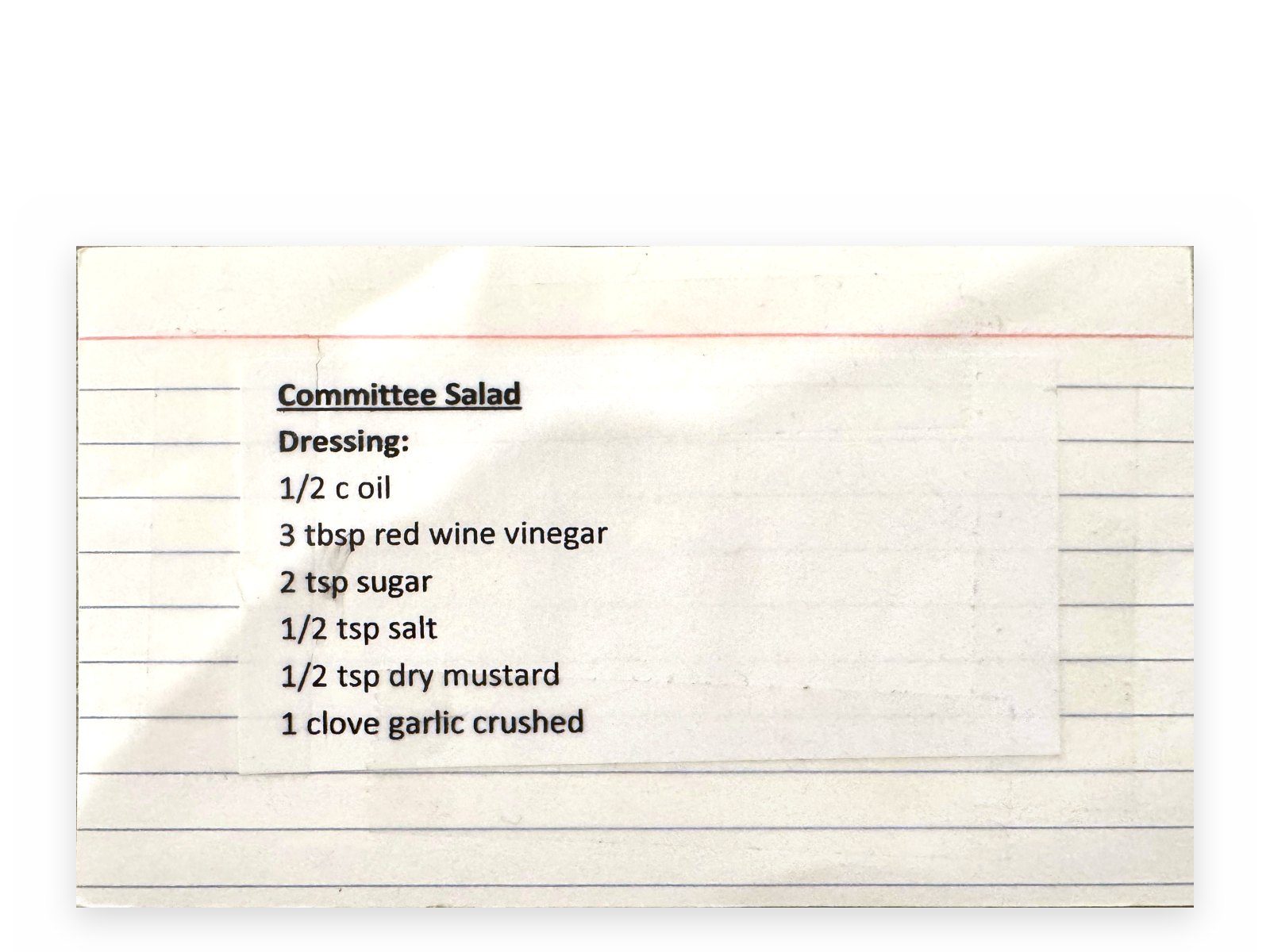 Mom's original card for Committee Salad, front