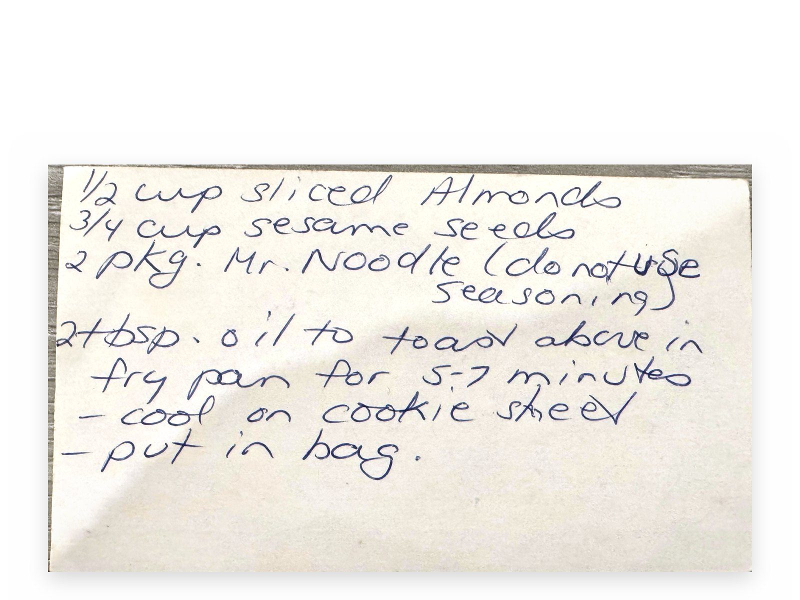 Karen's original card for Karen's Crunchie Salad, back