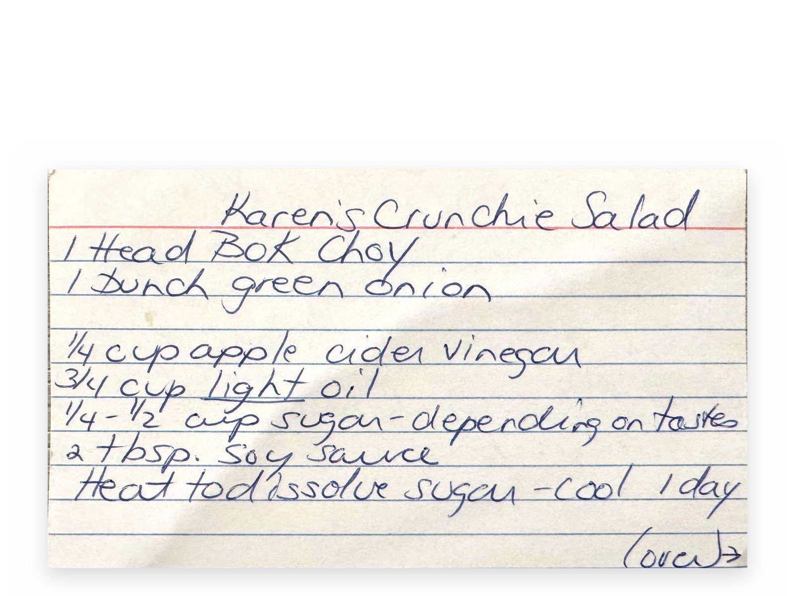 Karen's original card for Karen's Crunchie Salad, front