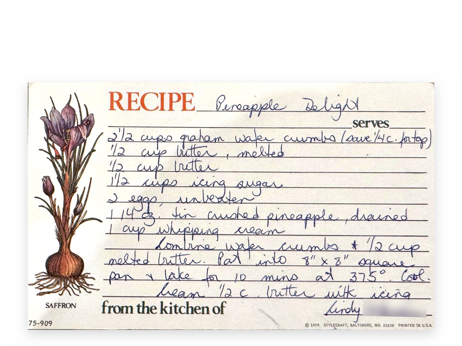 Lindy's original card for Pineapple Delight, front