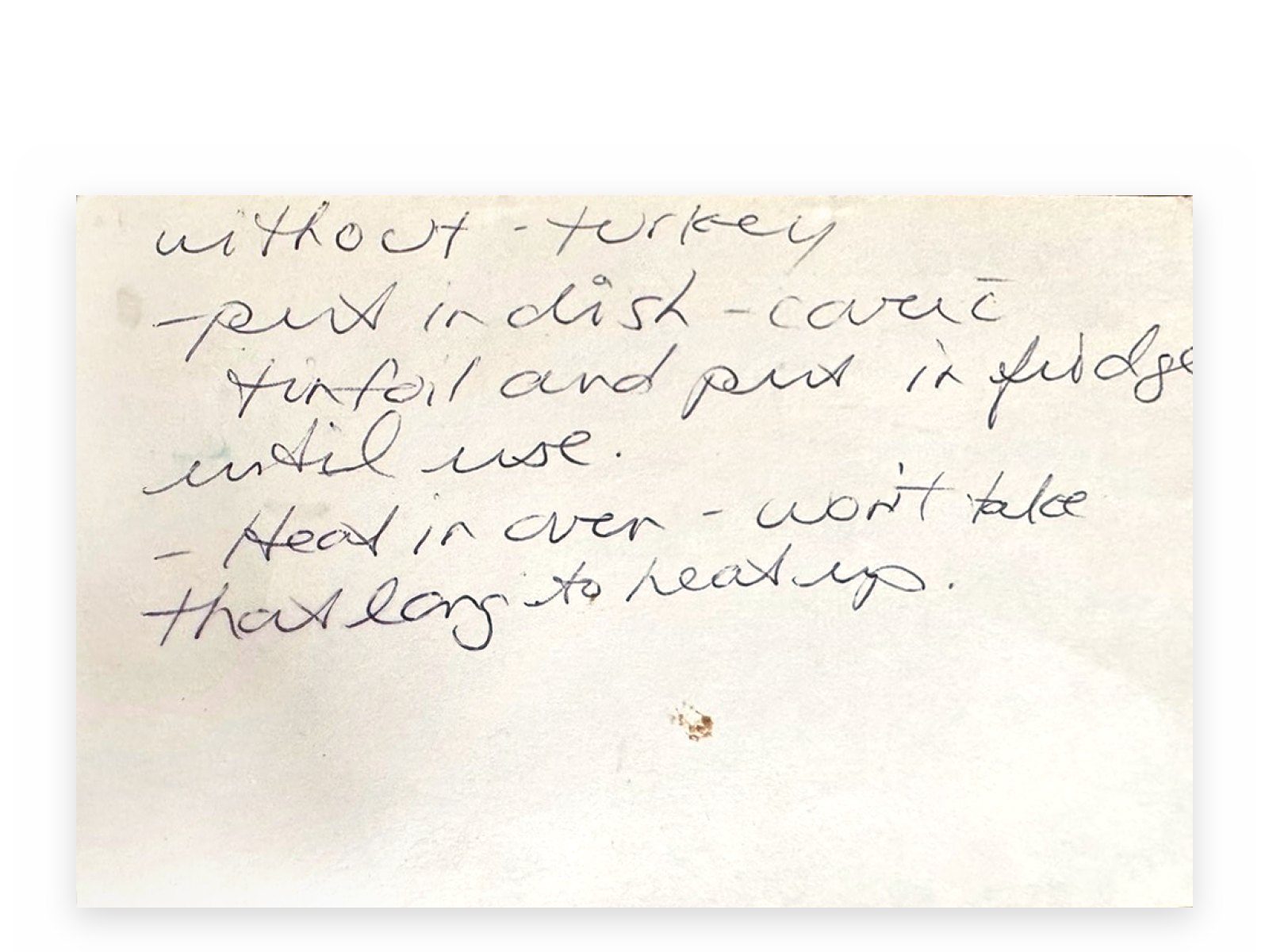 Mom's original card for Turkey Dressing, back