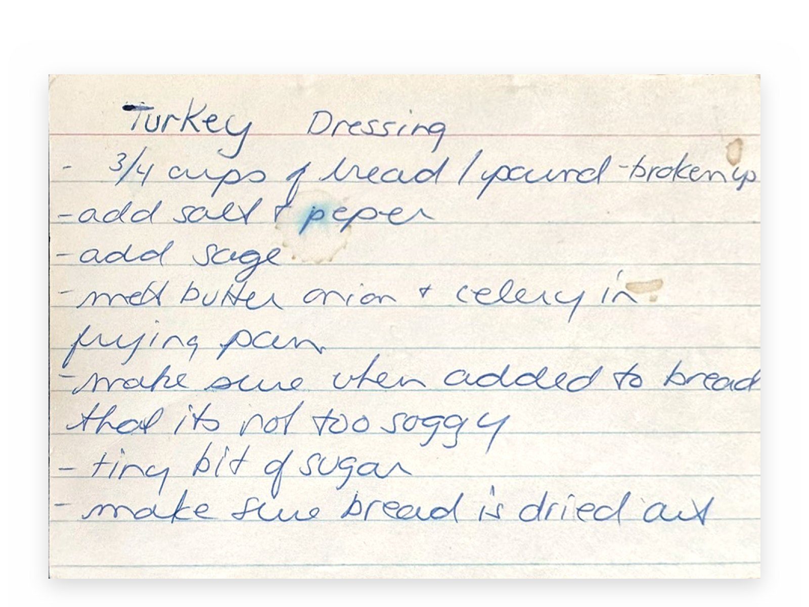 Mom's original card for Turkey Dressing, front